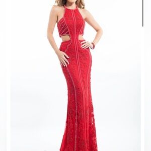 Red Beaded Rachel Allan Long Prom Dress Size 6